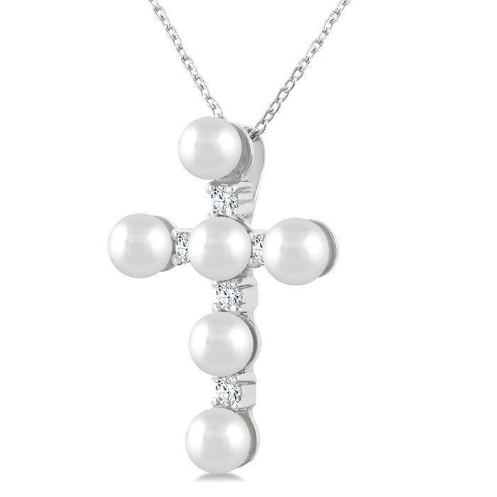 4 MM Cross Cultured Pearl and 1/6 Ctw Round Cut Diamond Fashion Pendant With Chain in 10K White Gold