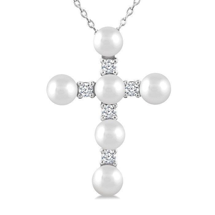 4 MM Cross Cultured Pearl and 1/6 Ctw Round Cut Diamond Fashion Pendant With Chain in 10K White Gold