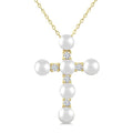 4 MM Cross Cultured Pearl and 1/6 Ctw Round Cut Diamond Fashion Pendant With Chain in 10K Yellow Gold