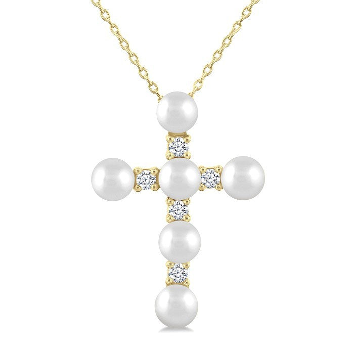 4 MM Cross Cultured Pearl and 1/6 Ctw Round Cut Diamond Fashion Pendant With Chain in 10K Yellow Gold