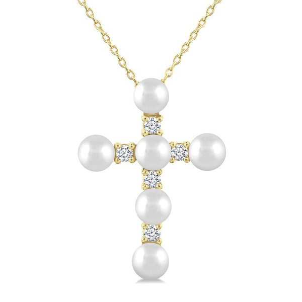 4 MM Cross Cultured Pearl and 1/6 Ctw Round Cut Diamond Fashion Pendant With Chain in 10K Yellow Gold