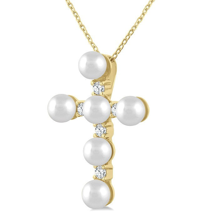 4 MM Cross Cultured Pearl and 1/6 Ctw Round Cut Diamond Fashion Pendant With Chain in 10K Yellow Gold