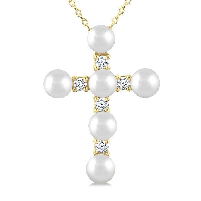 4 MM Cross Cultured Pearl and 1/6 Ctw Round Cut Diamond Fashion Pendant With Chain in 10K Yellow Gold