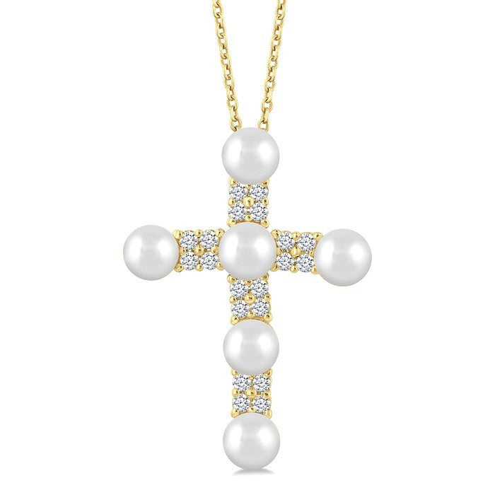 4 MM Cross Cultured Pearl and 1/5 Ctw Round Cut Diamond Semi-Precious Fashion Pendant With Chain in 10K Yellow Gold