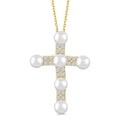 4 MM Cross Cultured Pearl and 1/5 Ctw Round Cut Diamond Semi-Precious Fashion Pendant With Chain in 10K Yellow Gold