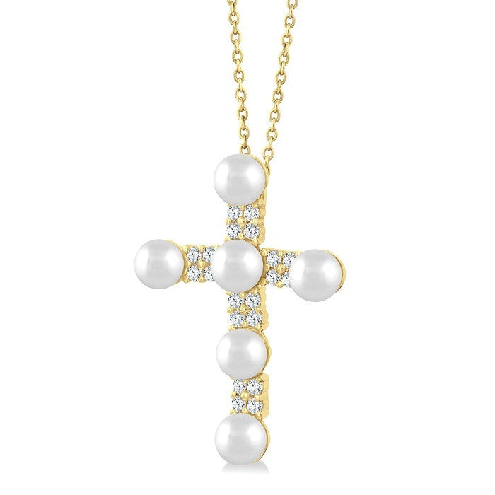 4 MM Cross Cultured Pearl and 1/5 Ctw Round Cut Diamond Semi-Precious Fashion Pendant With Chain in 10K Yellow Gold