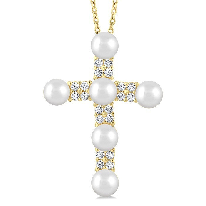 4 MM Cross Cultured Pearl and 1/5 Ctw Round Cut Diamond Semi-Precious Fashion Pendant With Chain in 10K Yellow Gold