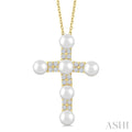 4 MM Cross Cultured Pearl and 1/5 Ctw Round Cut Diamond Semi-Precious Fashion Pendant With Chain in 10K Yellow Gold