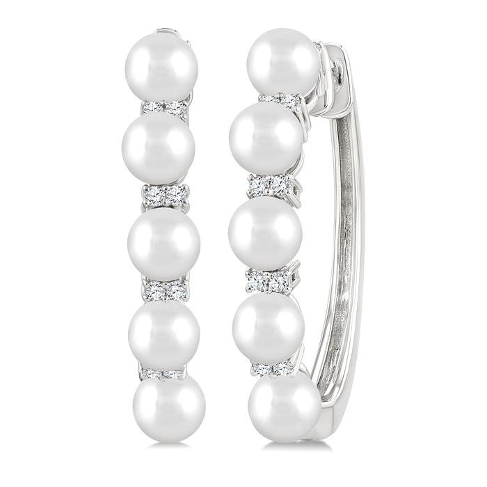 1/6 Ctw 4MM White Pearl and Round Cut Diamond Fashion Hoop Earrings in 10K White Gold