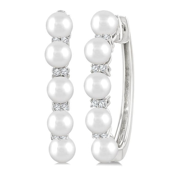 1/6 Ctw 4MM White Pearl and Round Cut Diamond Fashion Hoop Earrings in 10K White Gold