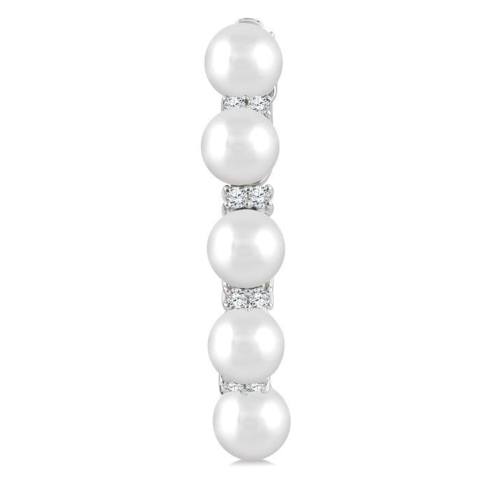 1/6 Ctw 4MM White Pearl and Round Cut Diamond Fashion Hoop Earrings in 10K White Gold