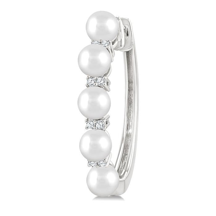 1/6 Ctw 4MM White Pearl and Round Cut Diamond Fashion Hoop Earrings in 10K White Gold