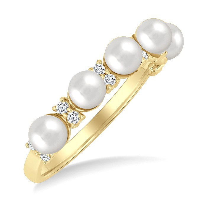 4 MM Round Shape Cultured Pearl and 1/6 Ctw Round Cut Diamond Semi-Precious Fashion Ring in 10K Yellow Gold