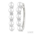 1/6 Ctw 4MM White Pearl and Round Cut Diamond Fashion Hoop Earrings in 10K White Gold