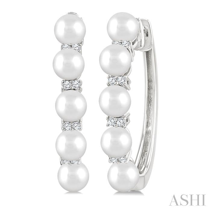 1/6 Ctw 4MM White Pearl and Round Cut Diamond Fashion Hoop Earrings in 10K White Gold