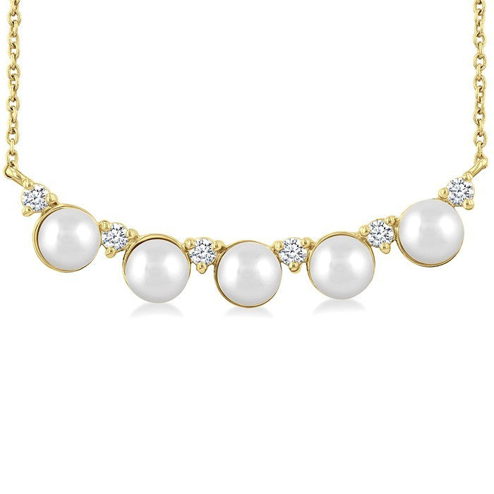 4.5 MM Round Shape Cultured Pearl and 1/6 Ctw Smile Round Cut Diamond Necklace in 10K Yellow Gold