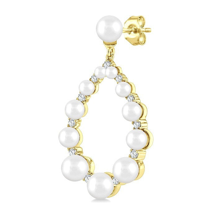 2 MM-4.5 MM Drop Tear Round Shape Cultured Pearls and 1/4 Ctw Round Cut Diamond Fashion Earrings in 14K Yellow Gold
