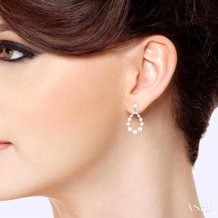 2 MM-4.5 MM Drop Tear Round Shape Cultured Pearls and 1/4 Ctw Round Cut Diamond Fashion Earrings in 14K Yellow Gold