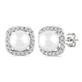 5 MM Cushion-Shaped Cultured Pearl and 1/8 Ctw Petite Round Cut Diamond Halo Stud Earrings in 10K White Gold