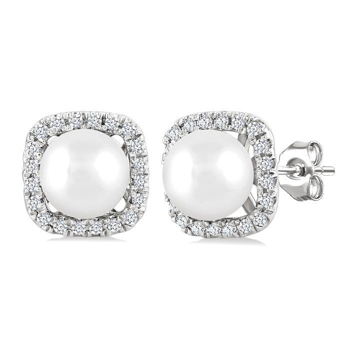 5 MM Cushion-Shaped Cultured Pearl and 1/8 Ctw Petite Round Cut Diamond Halo Stud Earrings in 10K White Gold