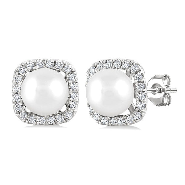 5 MM Cushion-Shaped Cultured Pearl and 1/8 Ctw Petite Round Cut Diamond Halo Stud Earrings in 10K White Gold