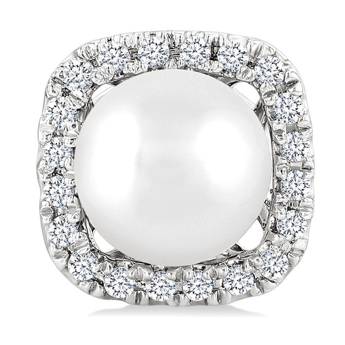 5 MM Cushion-Shaped Cultured Pearl and 1/8 Ctw Petite Round Cut Diamond Halo Stud Earrings in 10K White Gold
