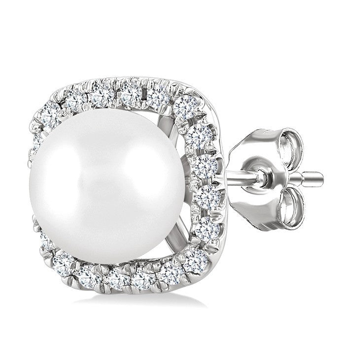 5 MM Cushion-Shaped Cultured Pearl and 1/8 Ctw Petite Round Cut Diamond Halo Stud Earrings in 10K White Gold