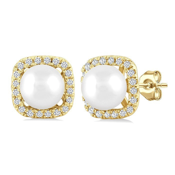 5 MM Cushion-Shaped Cultured Pearl and 1/8 Ctw Petite Round Cut Diamond Halo Stud Earrings in 10K Yellow Gold