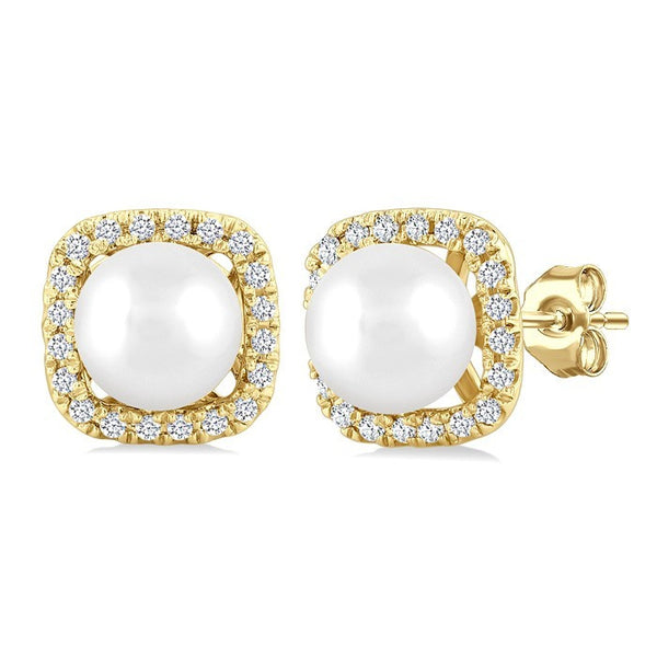 5 MM Cushion-Shaped Cultured Pearl and 1/8 Ctw Petite Round Cut Diamond Halo Stud Earrings in 10K Yellow Gold