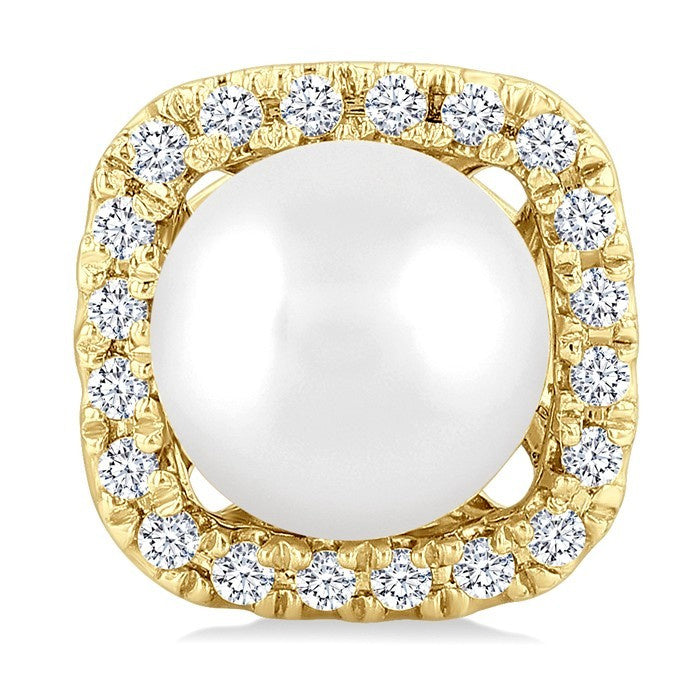 5 MM Cushion-Shaped Cultured Pearl and 1/8 Ctw Petite Round Cut Diamond Halo Stud Earrings in 10K Yellow Gold