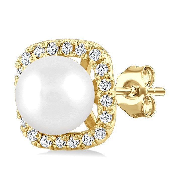 5 MM Cushion-Shaped Cultured Pearl and 1/8 Ctw Petite Round Cut Diamond Halo Stud Earrings in 10K Yellow Gold