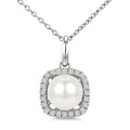 6 MM Cultured Pearl and 1/10 Ctw Round Cut Diamond Petite Cushion Shaped Fashion Pendant With Chain in 10K White Gold