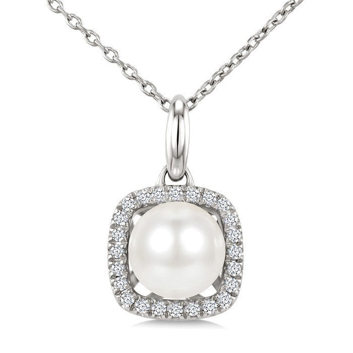 6 MM Cultured Pearl and 1/10 Ctw Round Cut Diamond Petite Cushion Shaped Fashion Pendant With Chain in 10K White Gold