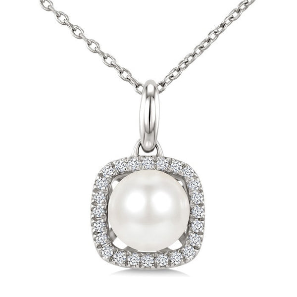 6 MM Cultured Pearl and 1/10 Ctw Round Cut Diamond Petite Cushion Shaped Fashion Pendant With Chain in 10K White Gold