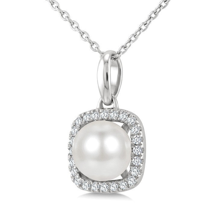 6 MM Cultured Pearl and 1/10 Ctw Round Cut Diamond Petite Cushion Shaped Fashion Pendant With Chain in 10K White Gold