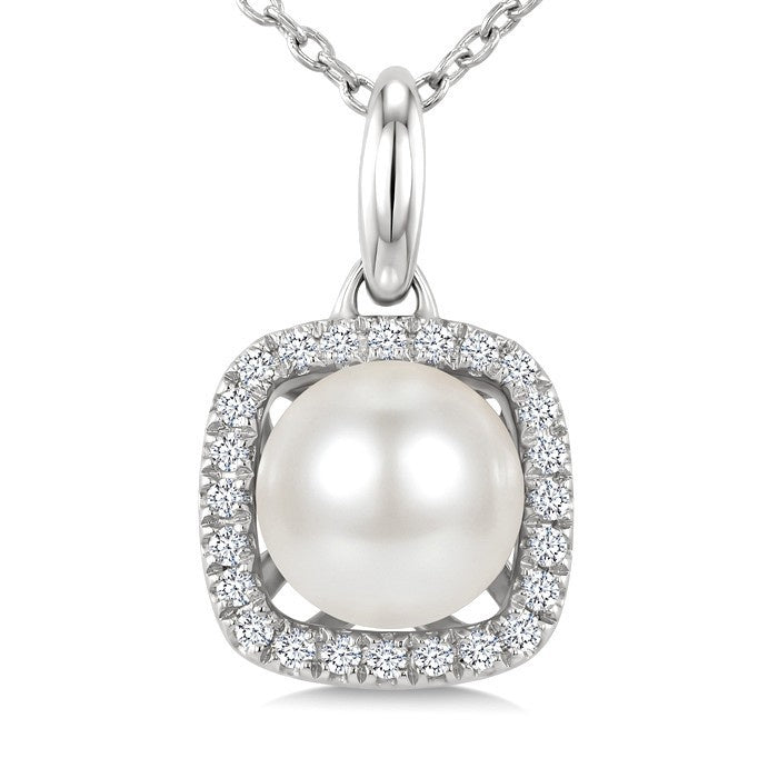 6 MM Cultured Pearl and 1/10 Ctw Round Cut Diamond Petite Cushion Shaped Fashion Pendant With Chain in 10K White Gold