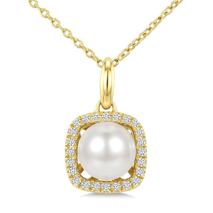 6 MM Cultured Pearl and 1/10 Ctw Round Cut Diamond Petite Cushion Shaped Fashion Pendant With Chain in 10K Yellow Gold