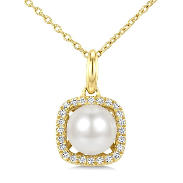 6 MM Cultured Pearl and 1/10 Ctw Round Cut Diamond Petite Cushion Shaped Fashion Pendant With Chain in 10K Yellow Gold