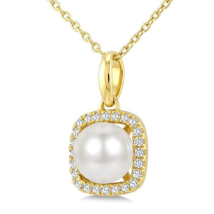 6 MM Cultured Pearl and 1/10 Ctw Round Cut Diamond Petite Cushion Shaped Fashion Pendant With Chain in 10K Yellow Gold