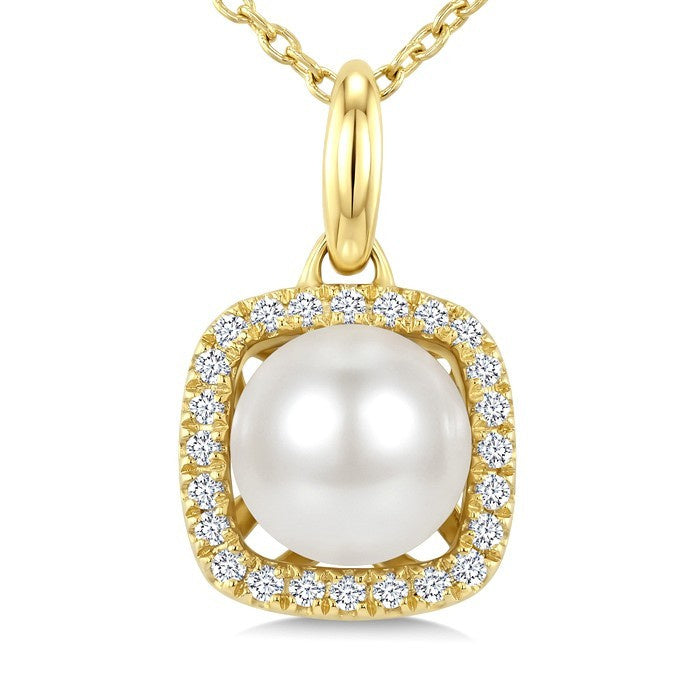 6 MM Cultured Pearl and 1/10 Ctw Round Cut Diamond Petite Cushion Shaped Fashion Pendant With Chain in 10K Yellow Gold