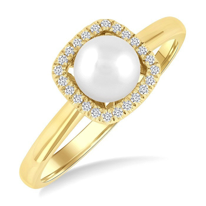 6 MM Cushion-Shaped Cultured Pearl and 1/10 Ctw Petite Round Cut Diamond Halo Ring in 10K Yellow Gold