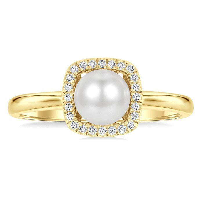 6 MM Cushion-Shaped Cultured Pearl and 1/10 Ctw Petite Round Cut Diamond Halo Ring in 10K Yellow Gold