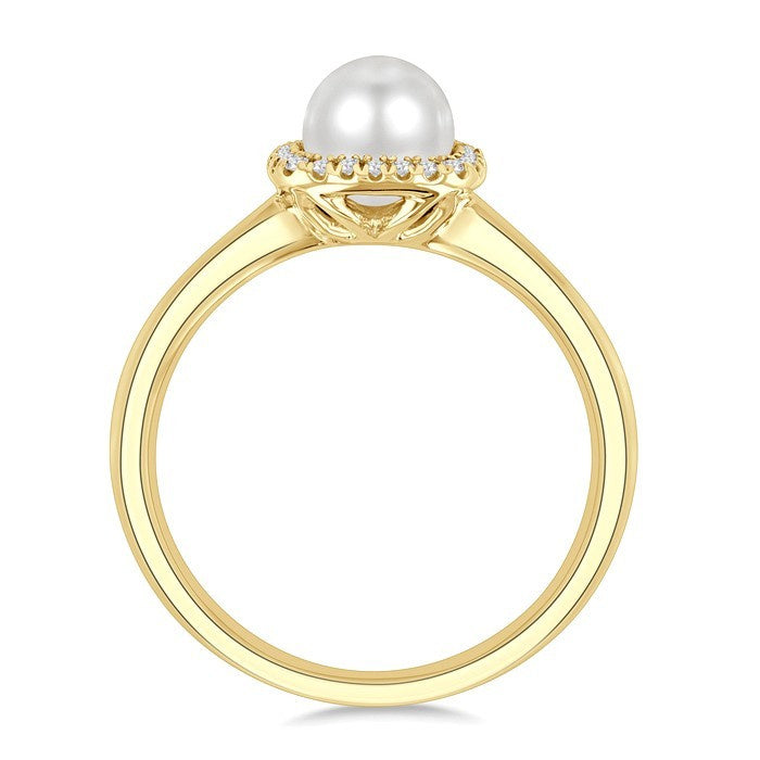6 MM Cushion-Shaped Cultured Pearl and 1/10 Ctw Petite Round Cut Diamond Halo Ring in 10K Yellow Gold