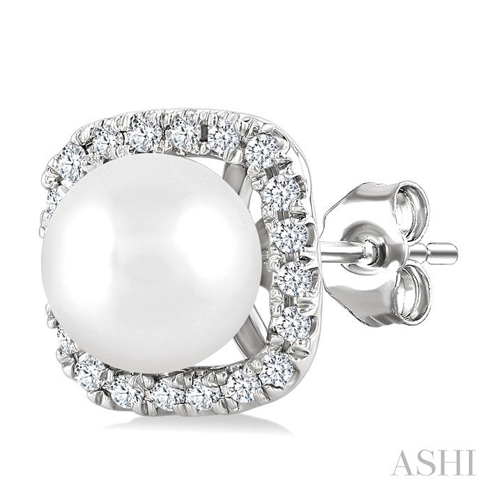 5 MM Cushion-Shaped Cultured Pearl and 1/8 Ctw Petite Round Cut Diamond Halo Stud Earrings in 10K White Gold