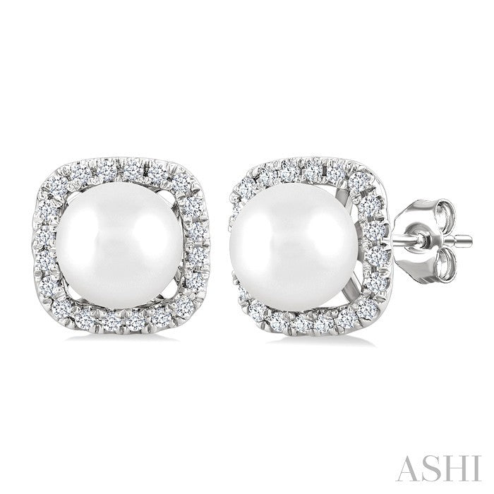 5 MM Cushion-Shaped Cultured Pearl and 1/8 Ctw Petite Round Cut Diamond Halo Stud Earrings in 10K White Gold
