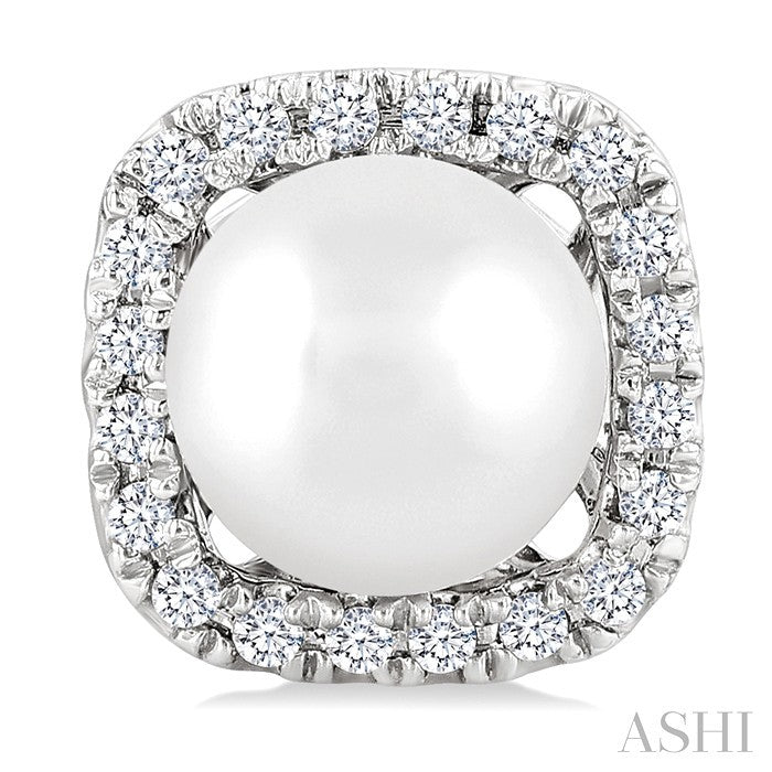 5 MM Cushion-Shaped Cultured Pearl and 1/8 Ctw Petite Round Cut Diamond Halo Stud Earrings in 10K White Gold