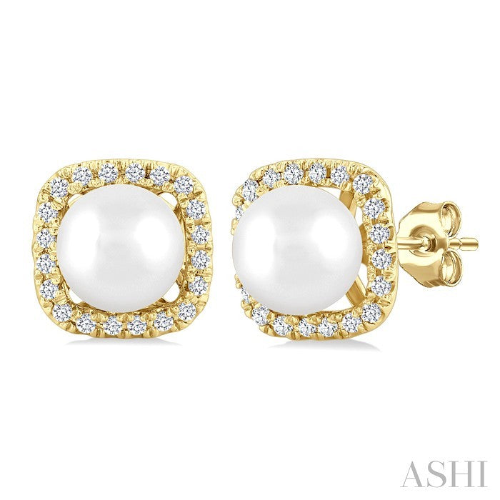 5 MM Cushion-Shaped Cultured Pearl and 1/8 Ctw Petite Round Cut Diamond Halo Stud Earrings in 10K Yellow Gold