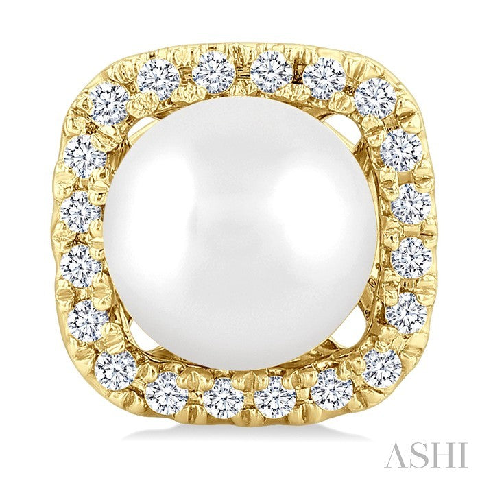5 MM Cushion-Shaped Cultured Pearl and 1/8 Ctw Petite Round Cut Diamond Halo Stud Earrings in 10K Yellow Gold