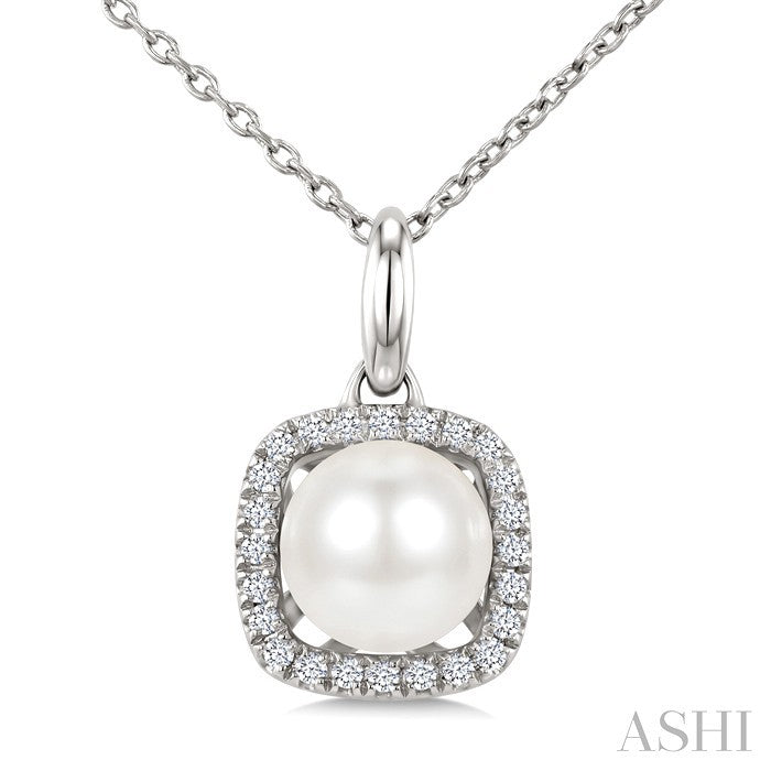 6 MM Cultured Pearl and 1/10 Ctw Round Cut Diamond Petite Cushion Shaped Fashion Pendant With Chain in 10K White Gold