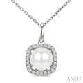 6 MM Cultured Pearl and 1/10 Ctw Round Cut Diamond Petite Cushion Shaped Fashion Pendant With Chain in 10K White Gold